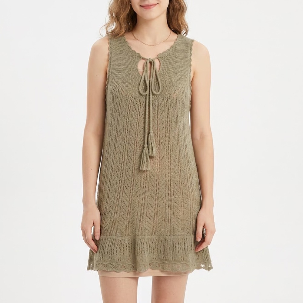 Jasmine KC Tan Mohair Wool Blend Open Knit Tie Front Tassel Tunic Sweater M